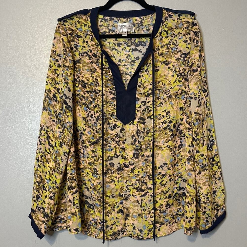 Sapphire Silhouette 1X Sheer Blouse Animal Print Long Sleeve NWT Navy Mesh Top
